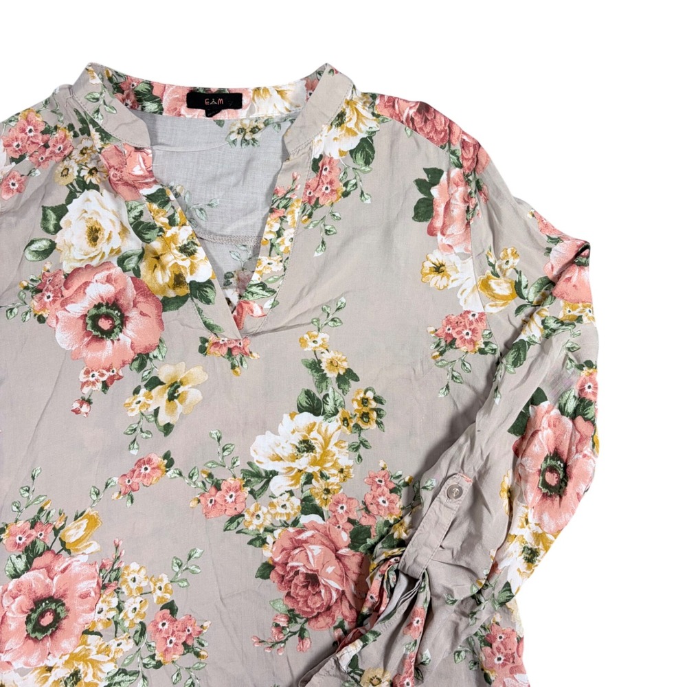 E&M Floral Split V-Neck Roll Tab Sleeve Rayon Blouse Beige Pink Large